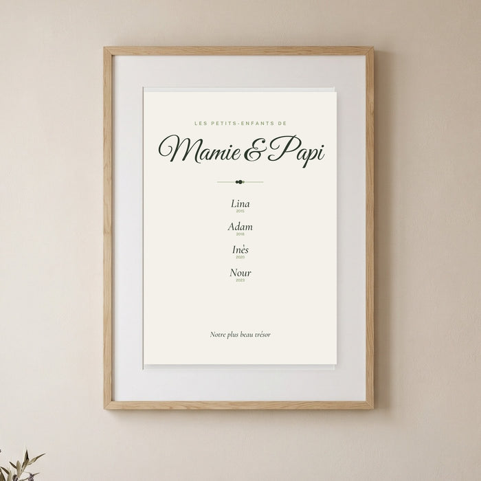 Affiche Mamie et Papi encadrée avec les prénoms des petits-enfants, idée de cadeau mamie