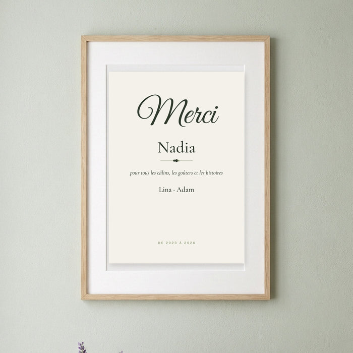 Affiche Merci Nadia encadrée avec les prénoms des enfants et les années de garde, cadeau de fin de contrat