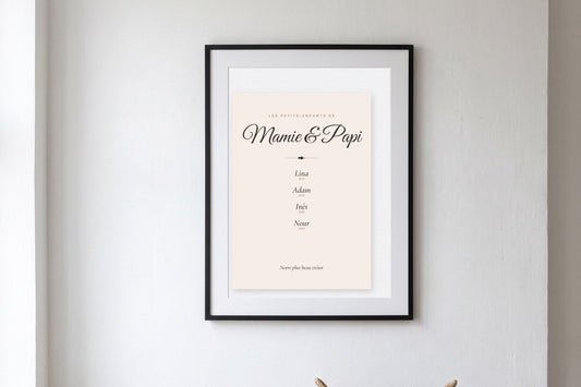 Affiche Mamie et Papi avec les prénoms des petits-enfants dans une entrée, idée de cadeau papy