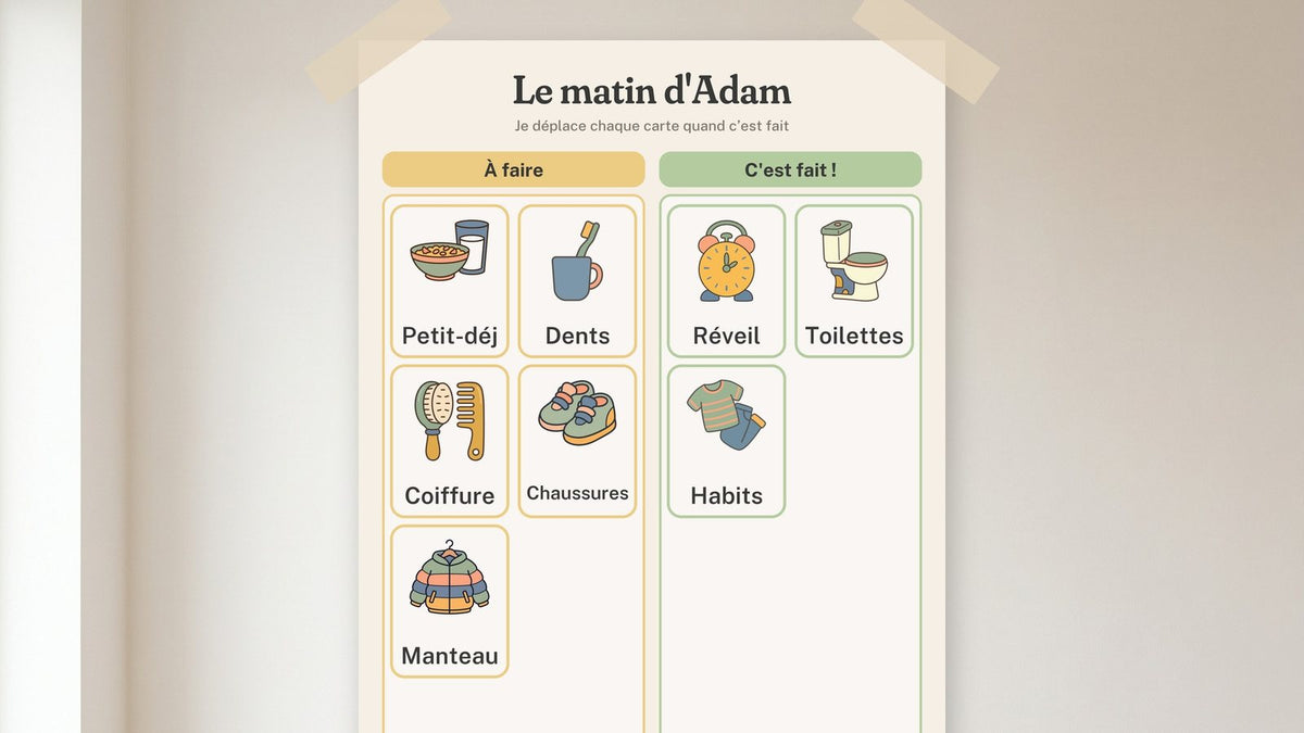 Tableau de routine du matin « Le matin d'Adam » avec les colonnes À faire et C'est fait, accroché au-dessus d'un petit bureau d'enfant