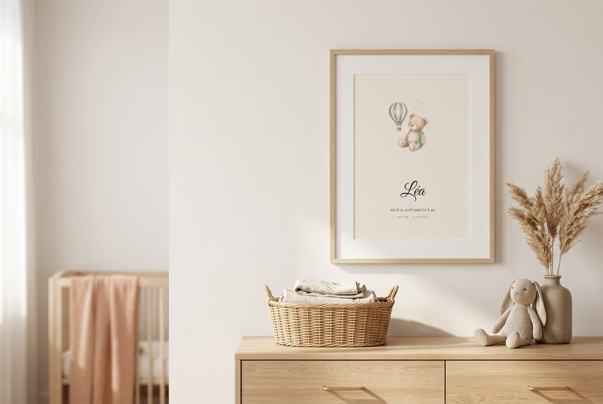 Affiche chambre bébé personnalisée ourson aquarelle encadrée au-dessus d'une commode en bois clair