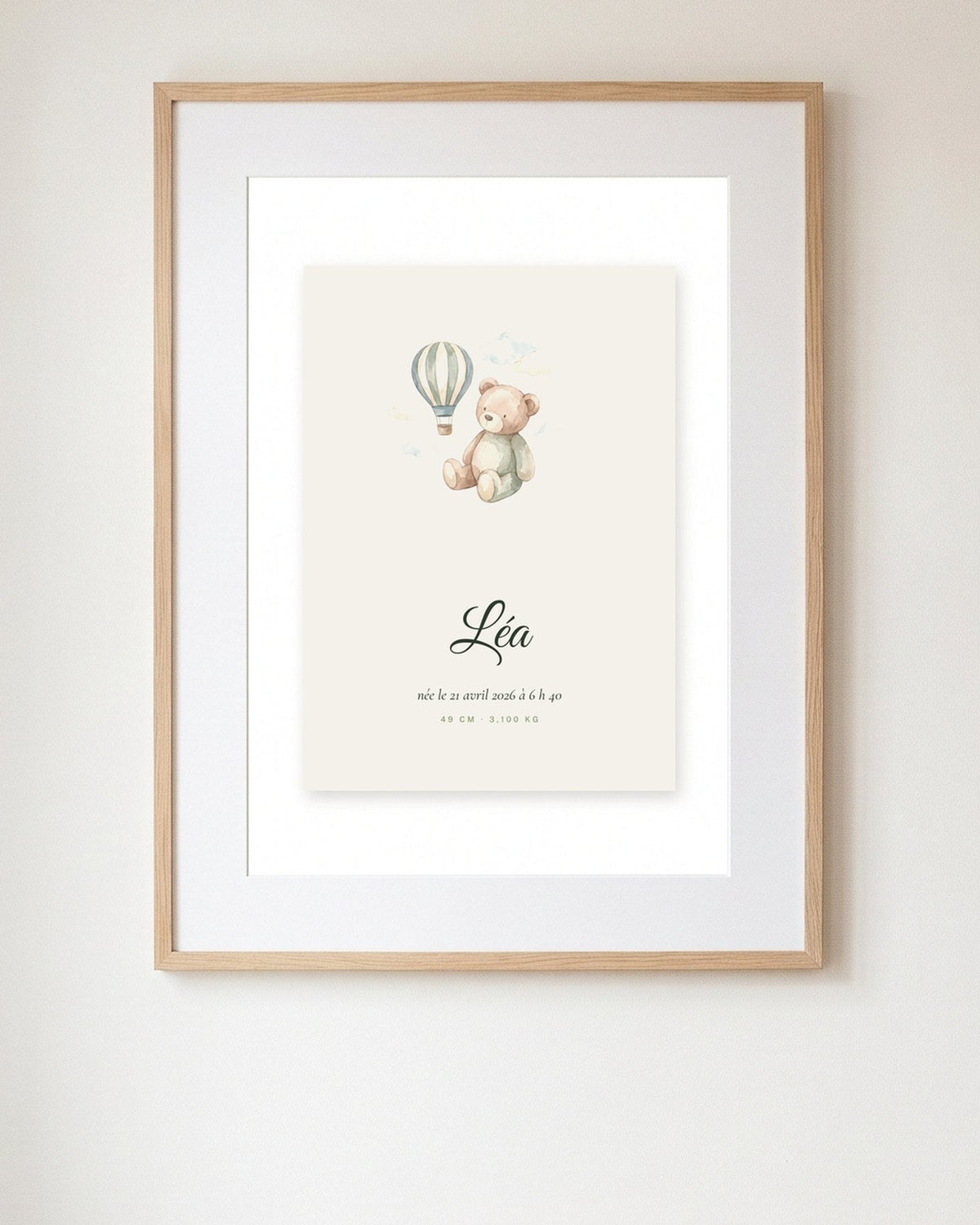Affiche prénom bébé personnalisée avec ourson à l'aquarelle