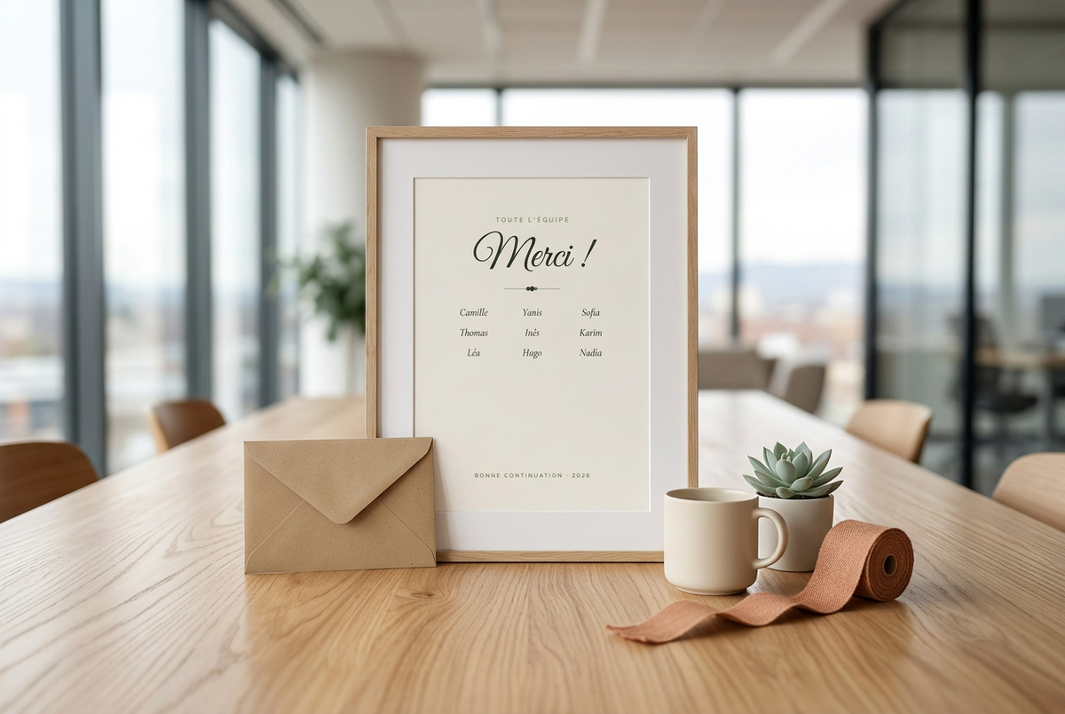 Cadeau départ collègue : affiche merci avec les prénoms de l'équipe, posée sur une table de réunion