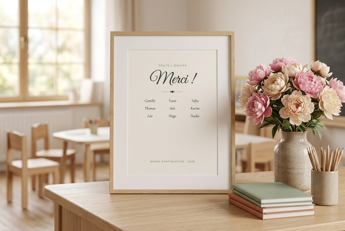 Cadeau maîtresse et ATSEM : affiche merci avec les prénoms de la classe, sur un bureau de maternelle