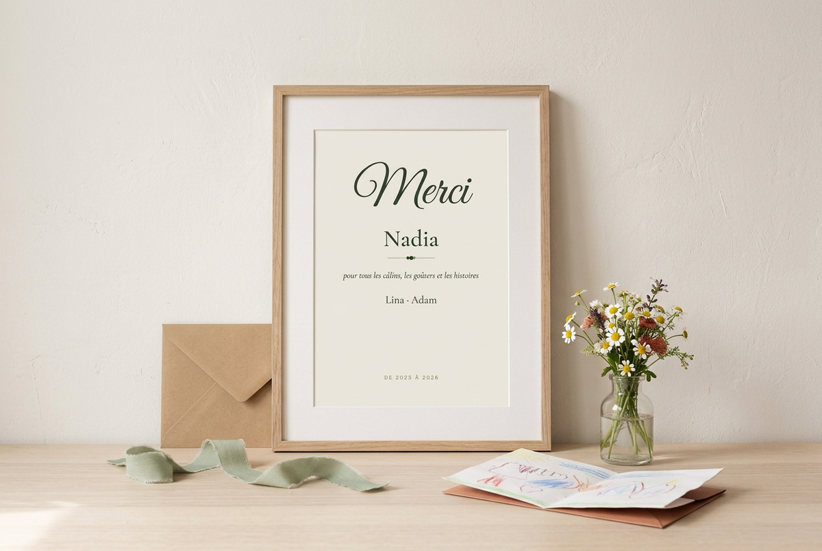 Cadeau nounou personnalisé : affiche merci encadrée prête à offrir