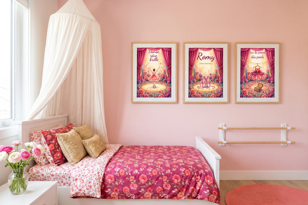 Affiche chambre fille : lot de 3 affiches danseuse personnalisées encadrées dans une chambre de fille colorée