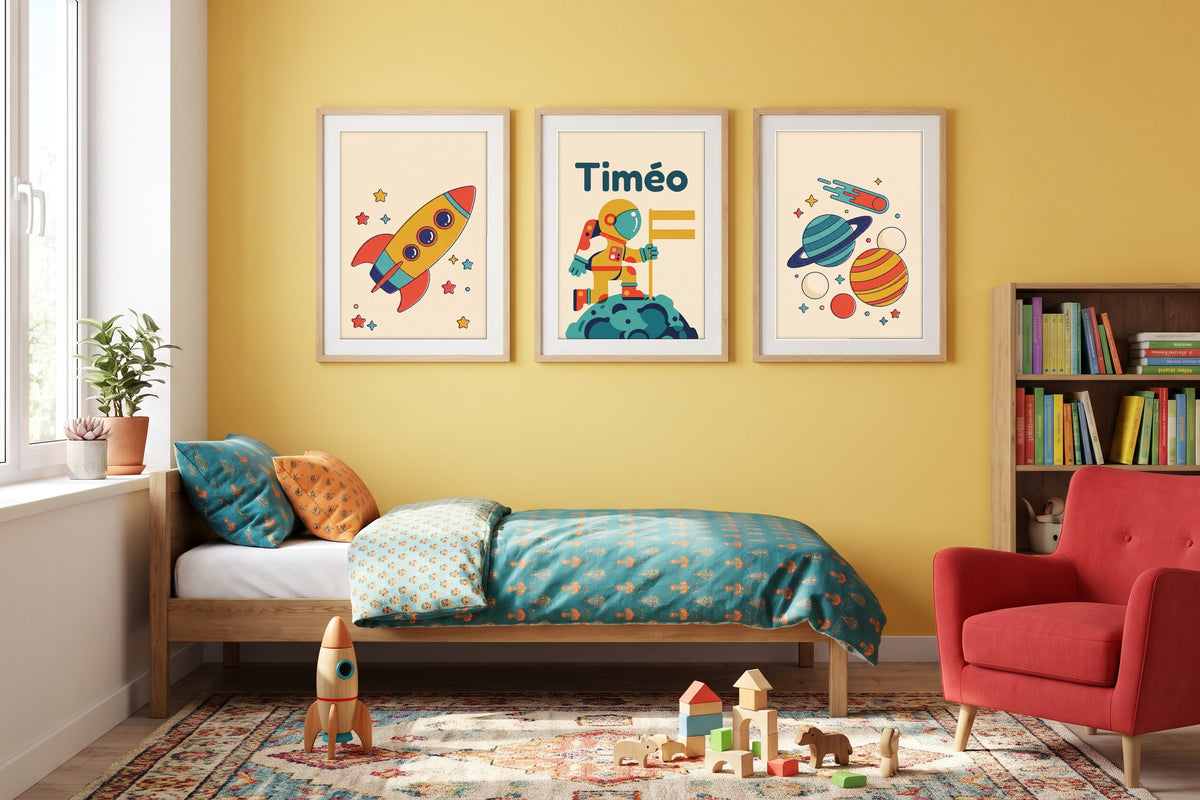 Affiche chambre enfant : lot de 3 affiches espace personnalisées encadrées dans une chambre d’enfant colorée