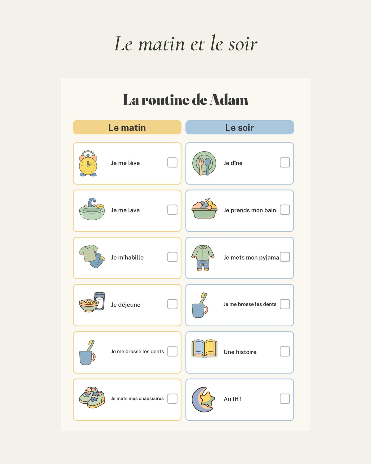 Routine enfant à imprimer : tableau du matin et du soir en images