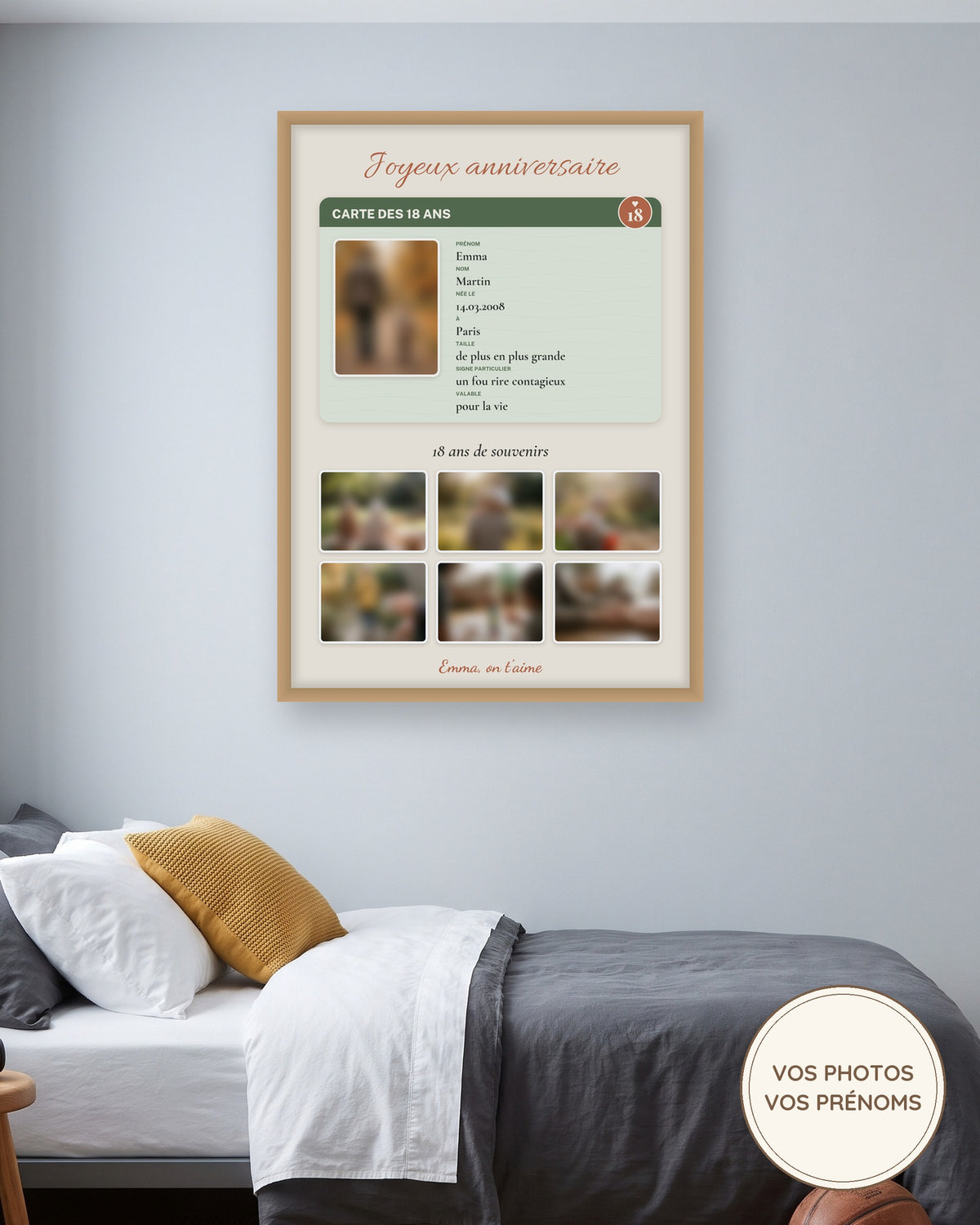 Affiche 18 ans personnalisée avec photos, carte des 18 ans et 6 souvenirs : l’affiche encadrée, exemple personnalisé