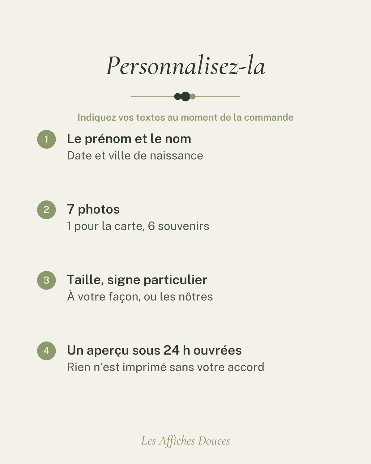 Ce que vous personnalisez : le prénom, le nom (facultatif), la date et la ville de naissance, né ou née, puis vos 7 photos envoyées après la commande