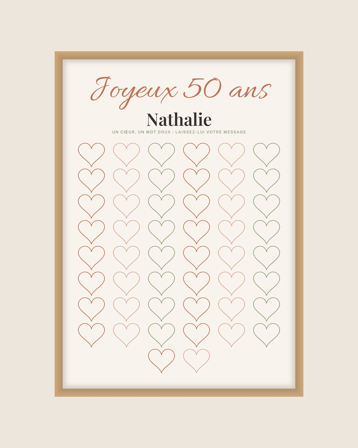 Affiche 50 ans ou 40 ans à remplir, livre d’or de 50 cœurs personnalisé : l’affiche seule, exemple personnalisé