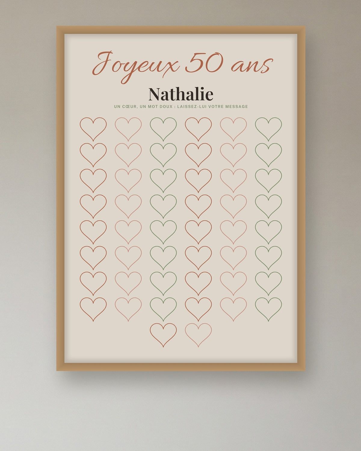 Affiche 50 ans ou 40 ans à remplir, livre d’or de 50 cœurs personnalisé : gros plan sur l’affiche encadrée