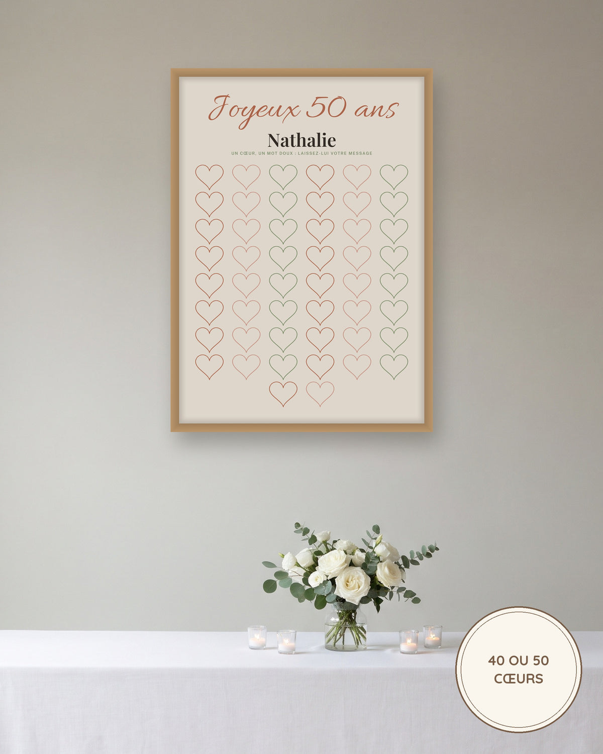 Affiche 50 ans ou 40 ans à remplir, livre d’or de 50 cœurs personnalisé : l’affiche encadrée, exemple personnalisé