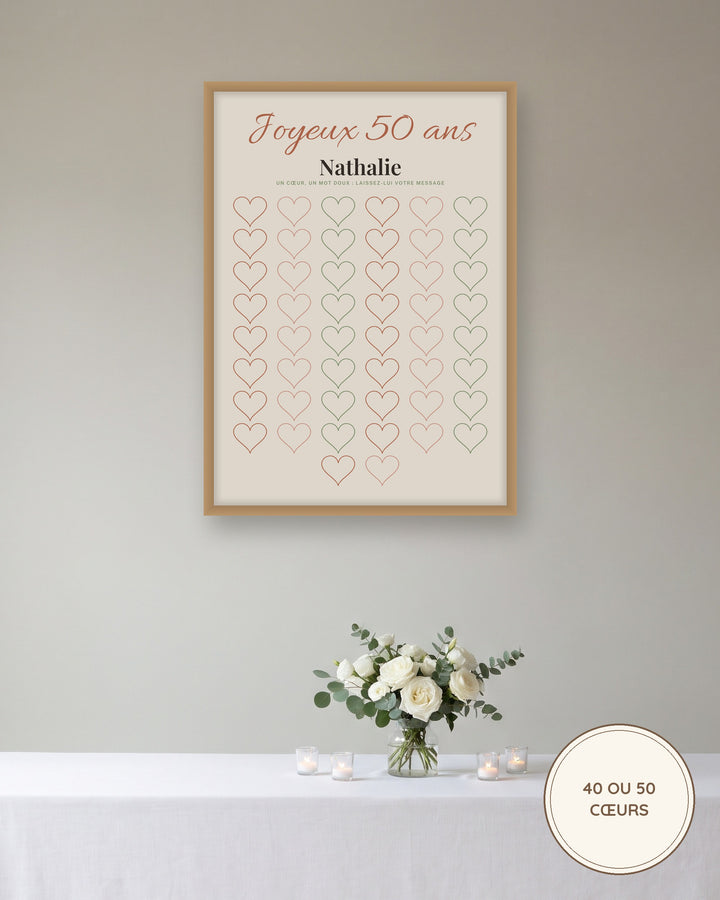 Affiche 50 ans ou 40 ans à remplir, livre d’or de 50 cœurs personnalisé : l’affiche encadrée, exemple personnalisé