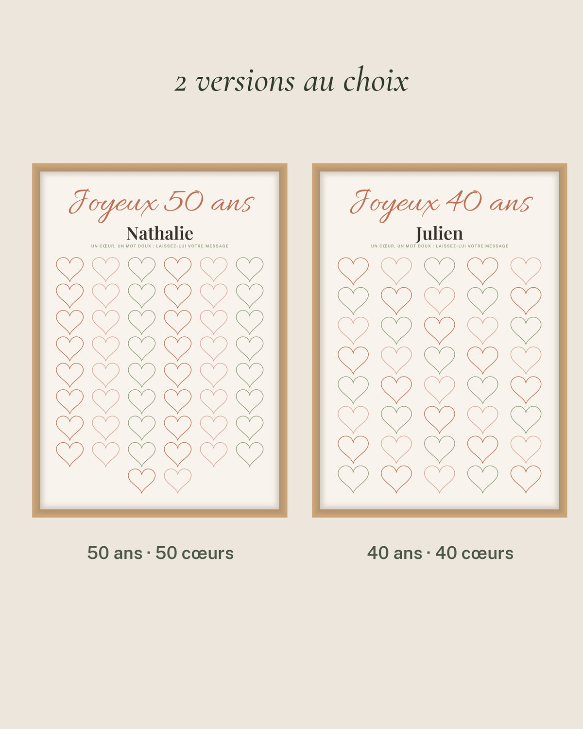 Affiche 50 ans ou 40 ans à remplir, livre d’or de 50 cœurs personnalisé : les 2 versions, 50 ans et 50 cœurs, 40 ans et 40 cœurs