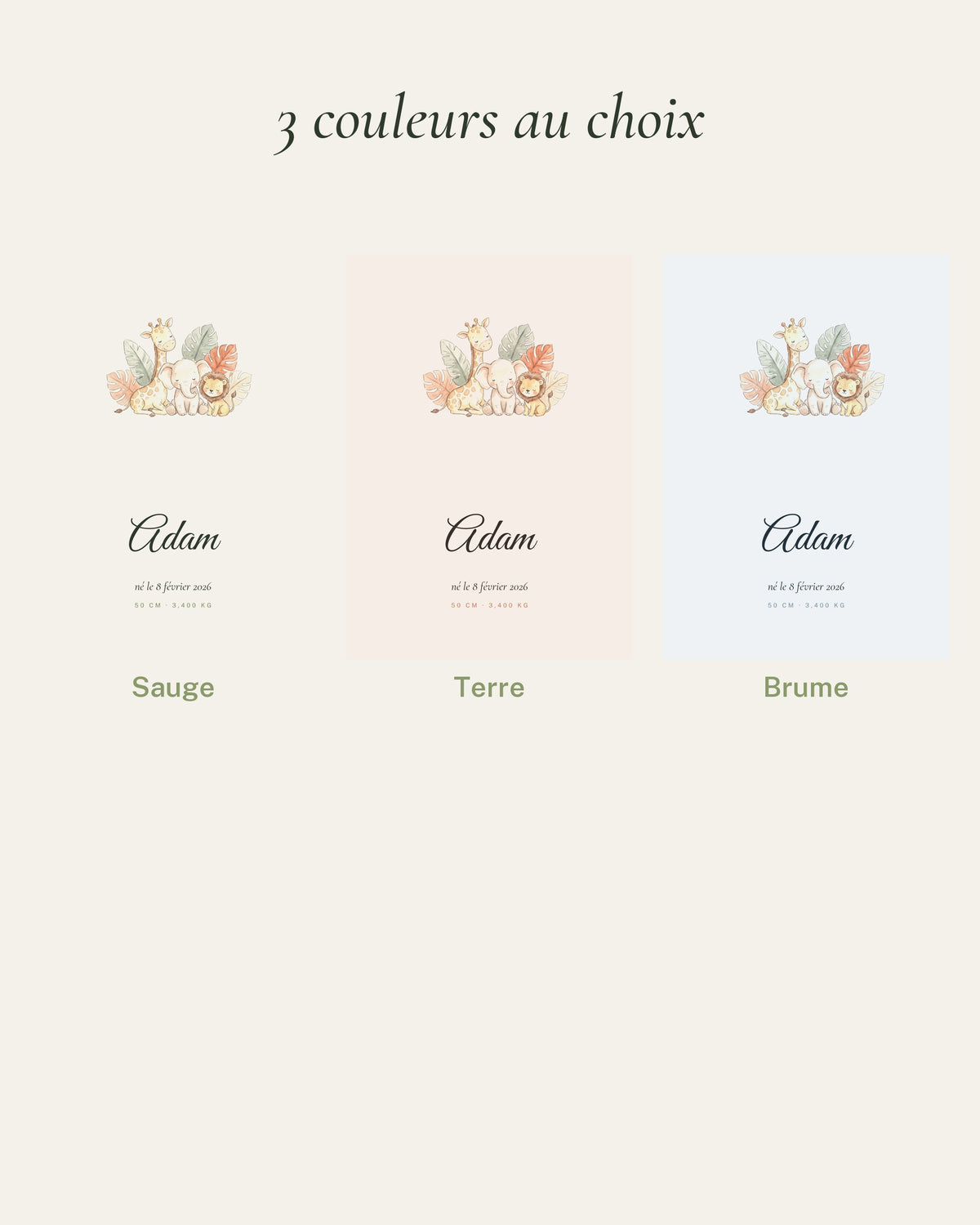 Affiche animaux chambre bébé : les 3 couleurs au choix