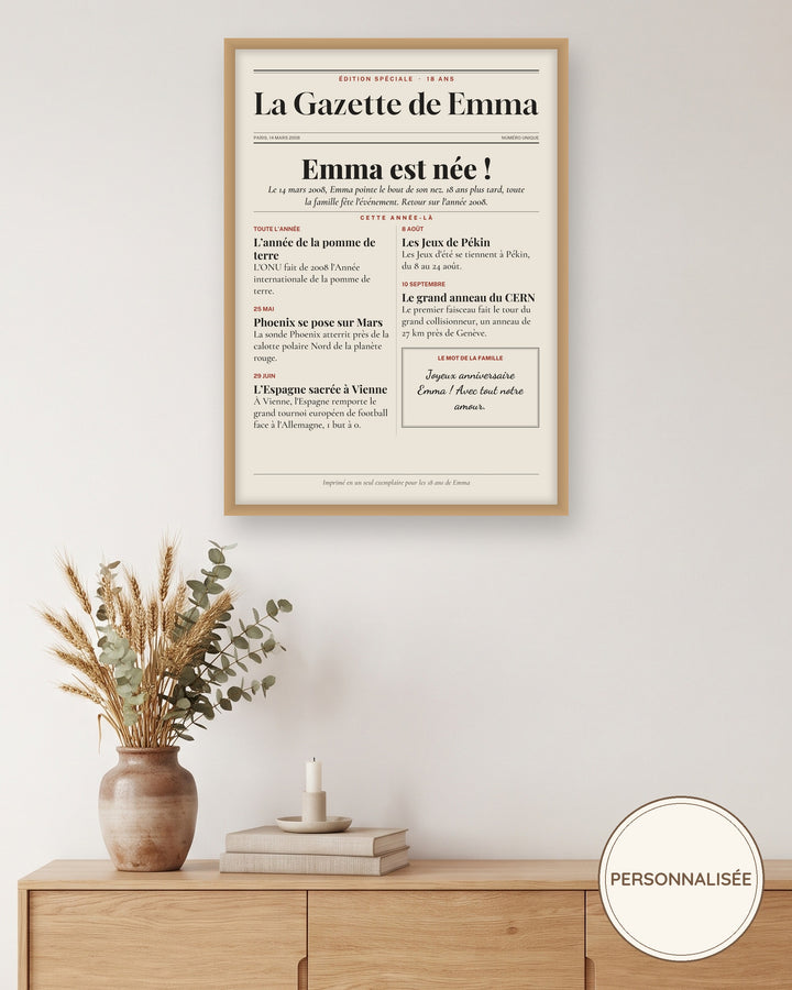 Affiche anniversaire 18 ans personnalisée, journal de l’année 2008 : l’affiche encadrée, exemple personnalisé