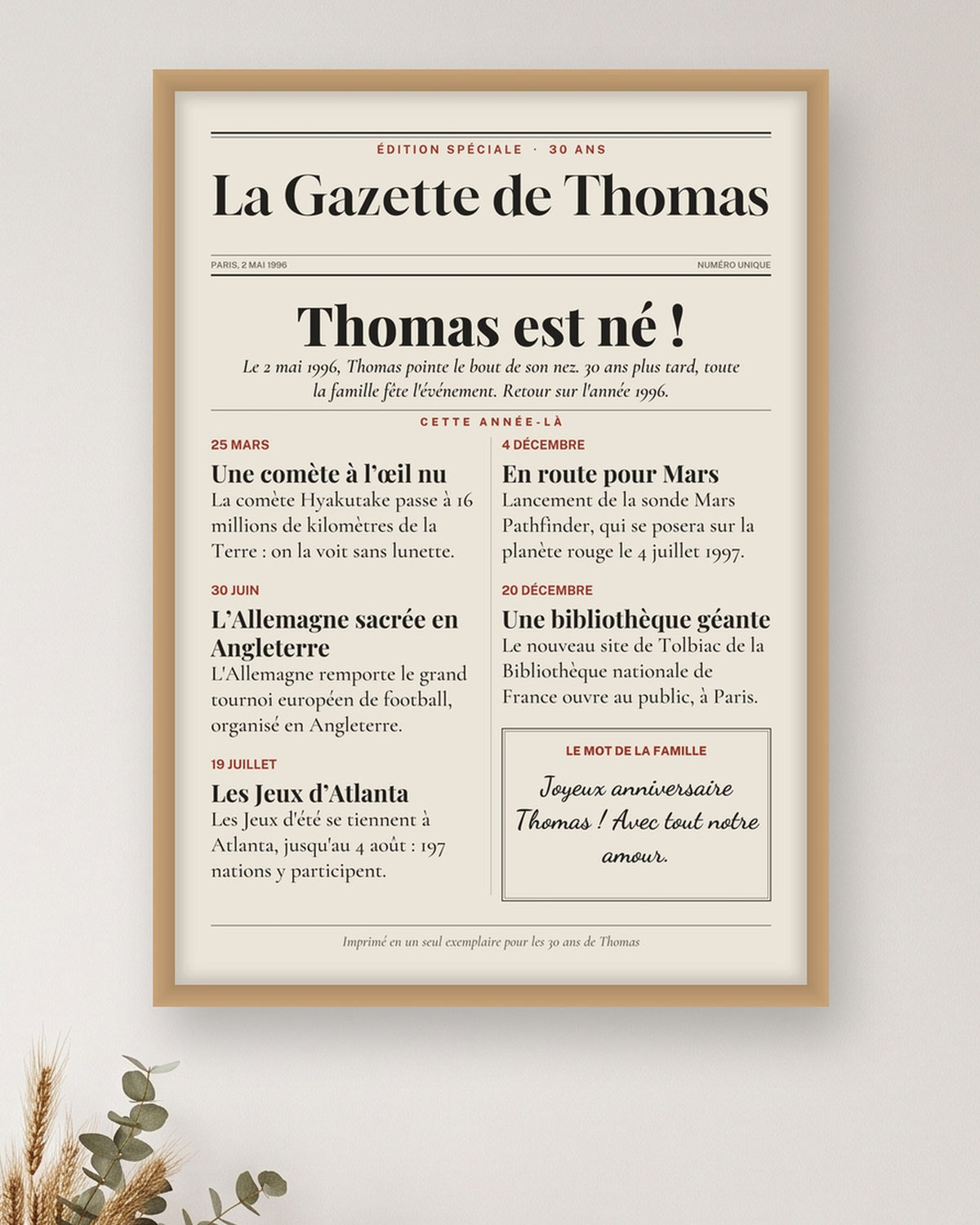 Affiche anniversaire 30 ans personnalisée, journal de l’année 1996 : gros plan sur l’affiche encadrée