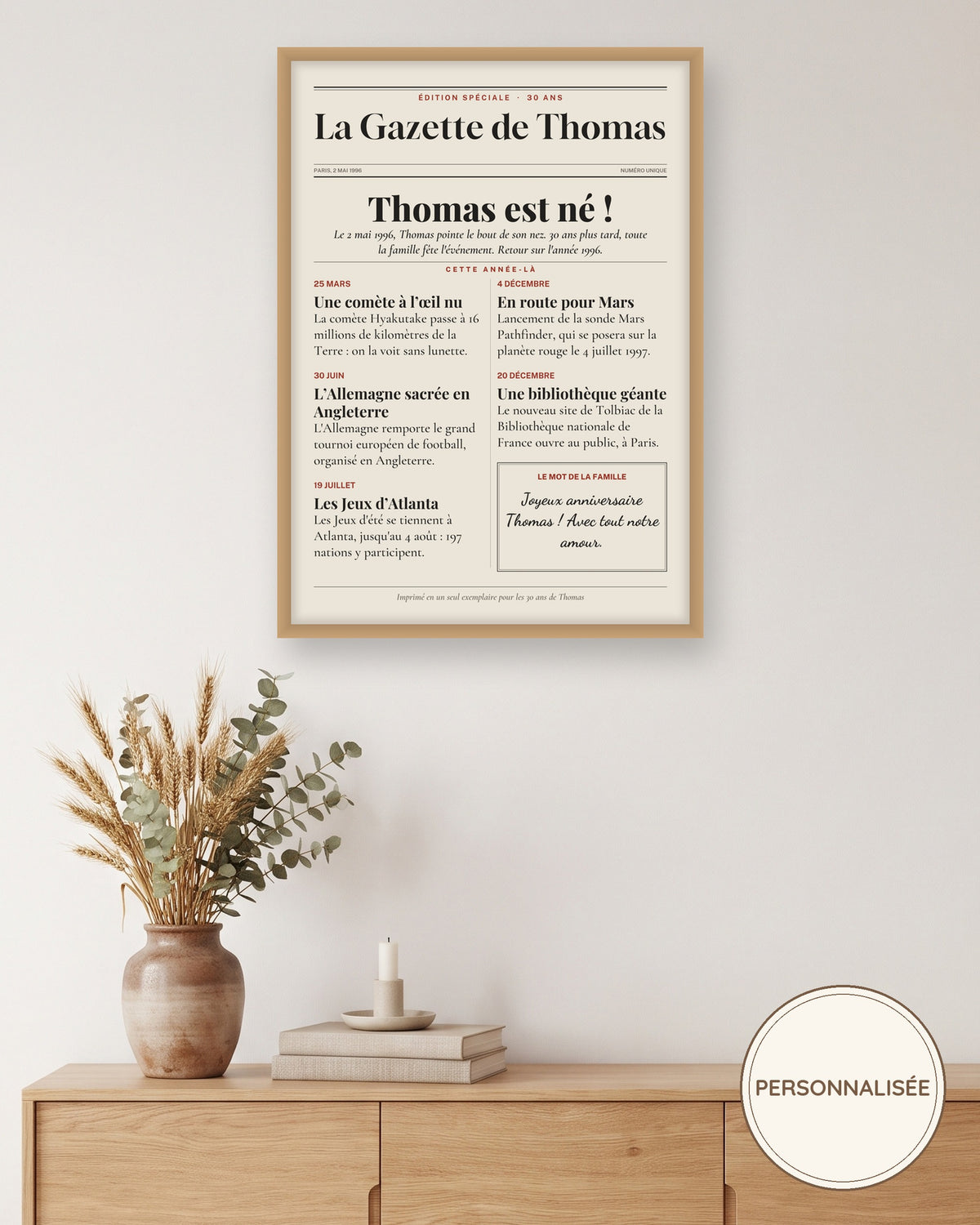 Affiche anniversaire 30 ans personnalisée, journal de l’année 1996 : l’affiche encadrée, exemple personnalisé