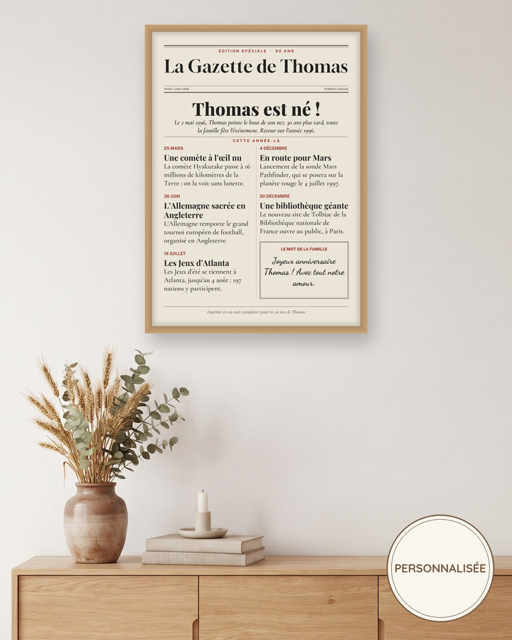 Affiche anniversaire 30 ans personnalisée, journal de l’année 1996 : l’affiche encadrée, exemple personnalisé