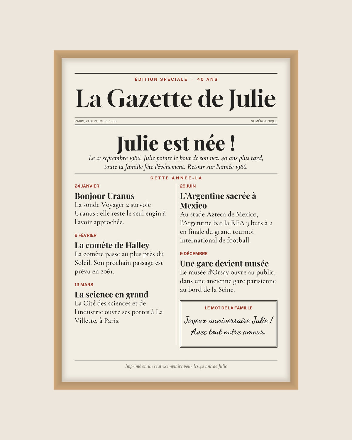 Affiche anniversaire 40 ans personnalisée, journal de l’année 1986 : l’affiche seule, exemple personnalisé