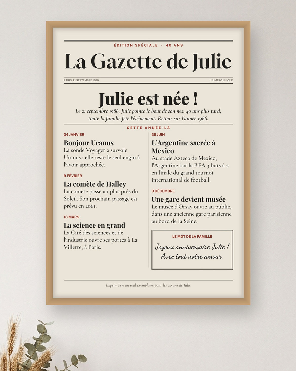 Affiche anniversaire 40 ans personnalisée, journal de l’année 1986 : gros plan sur l’affiche encadrée