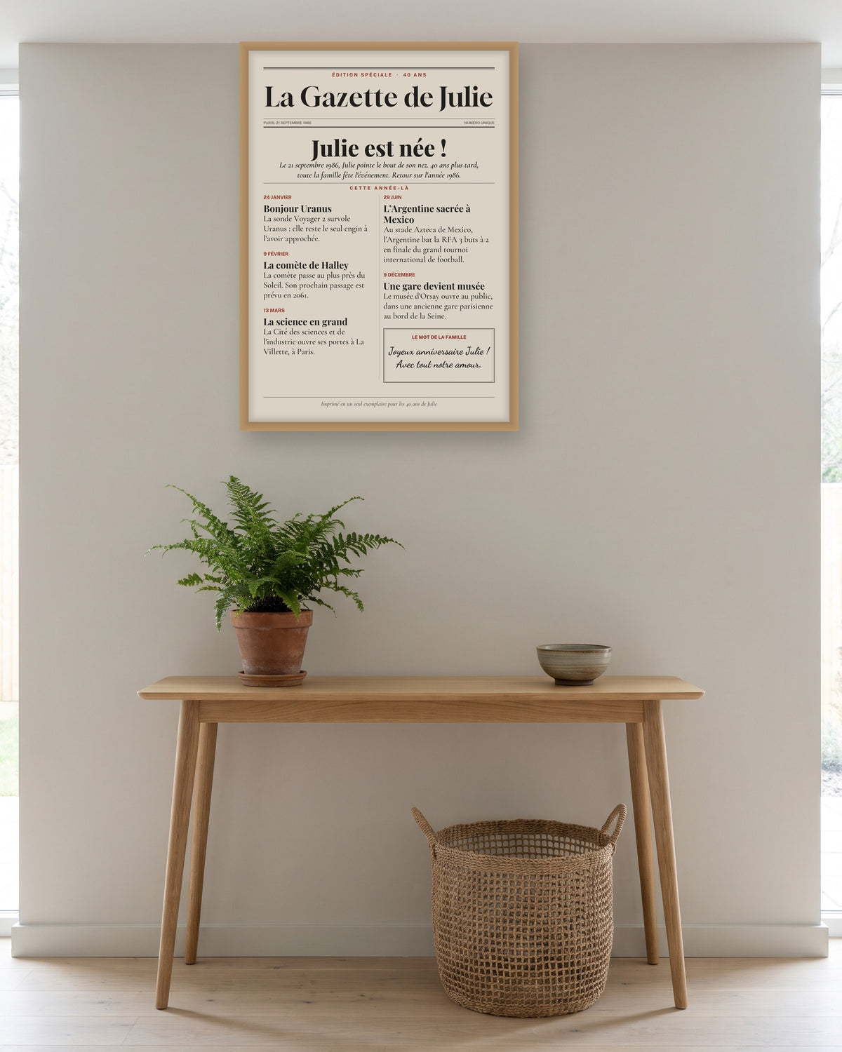 Affiche anniversaire 40 ans personnalisée, journal de l’année 1986, autre exemple de mise en situation