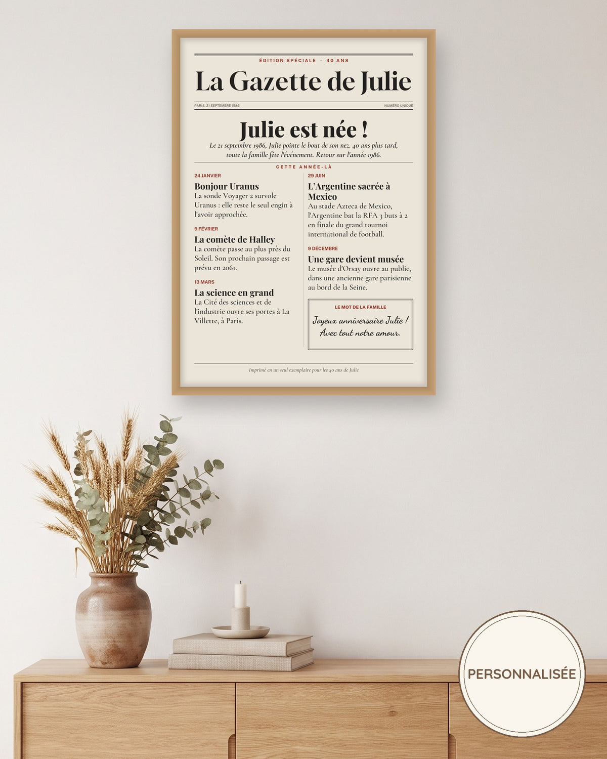 Affiche anniversaire 40 ans personnalisée, journal de l’année 1986 : l’affiche encadrée, exemple personnalisé