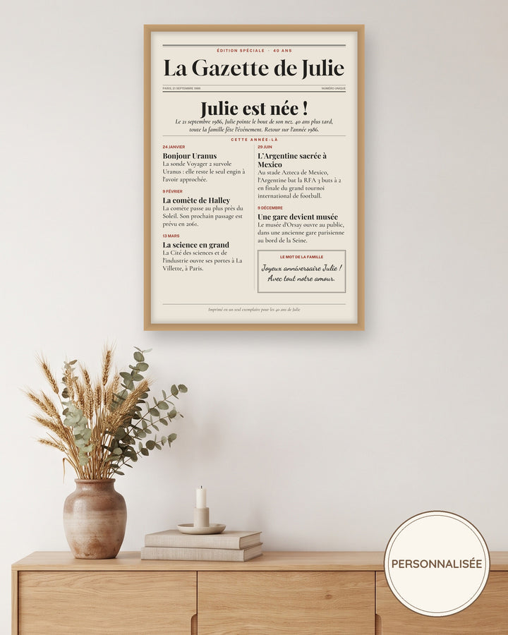 Affiche anniversaire 40 ans personnalisée, journal de l’année 1986 : l’affiche encadrée, exemple personnalisé