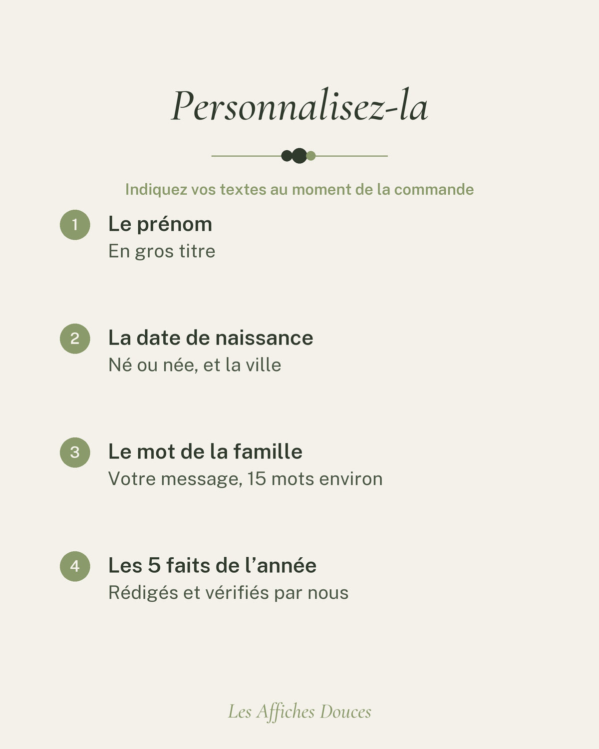 Ce que vous personnalisez : le prénom, la date de naissance, né ou née, la ville (facultative) et votre message (facultatif)