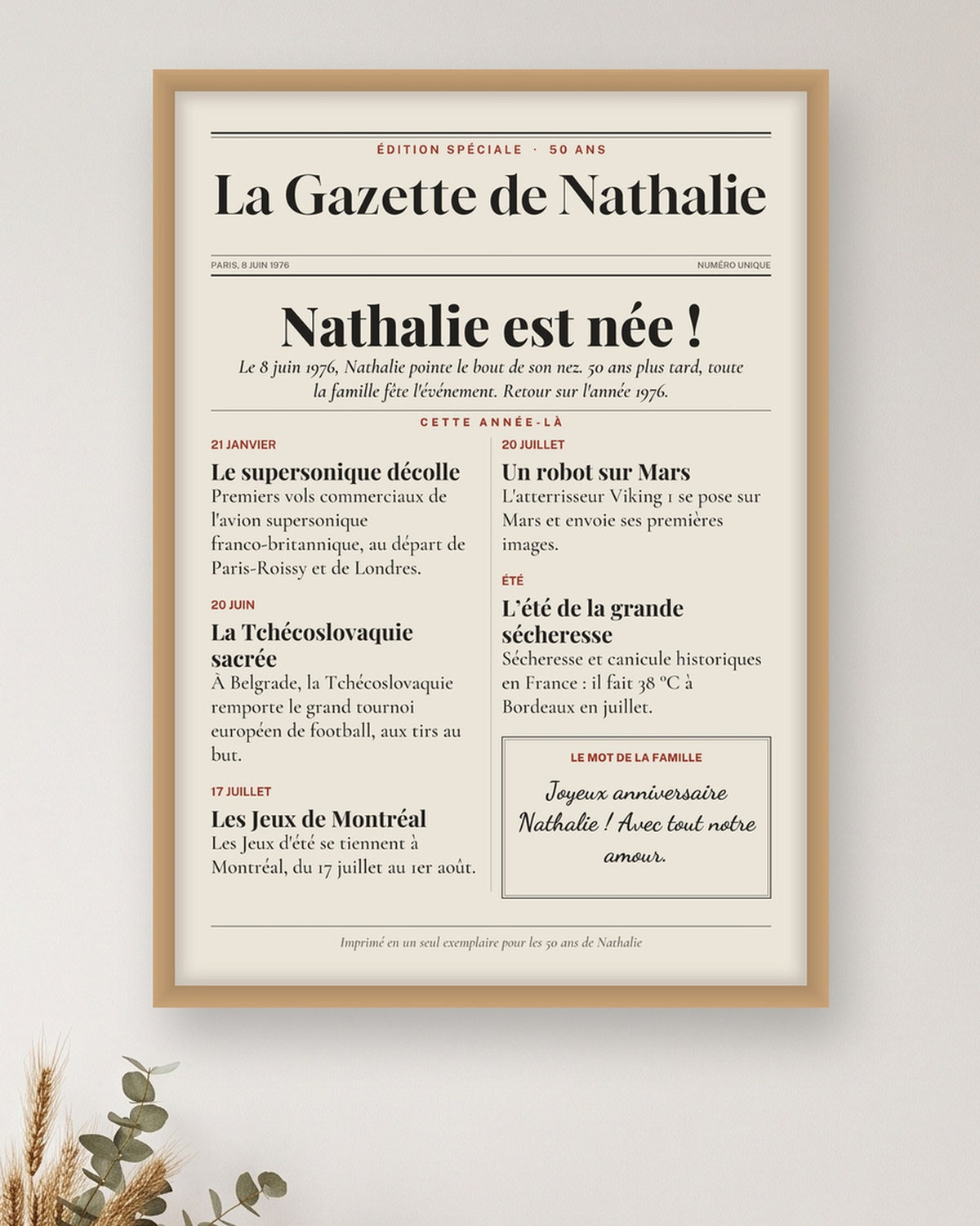 Affiche anniversaire 50 ans personnalisée, journal de l’année 1976 : gros plan sur l’affiche encadrée