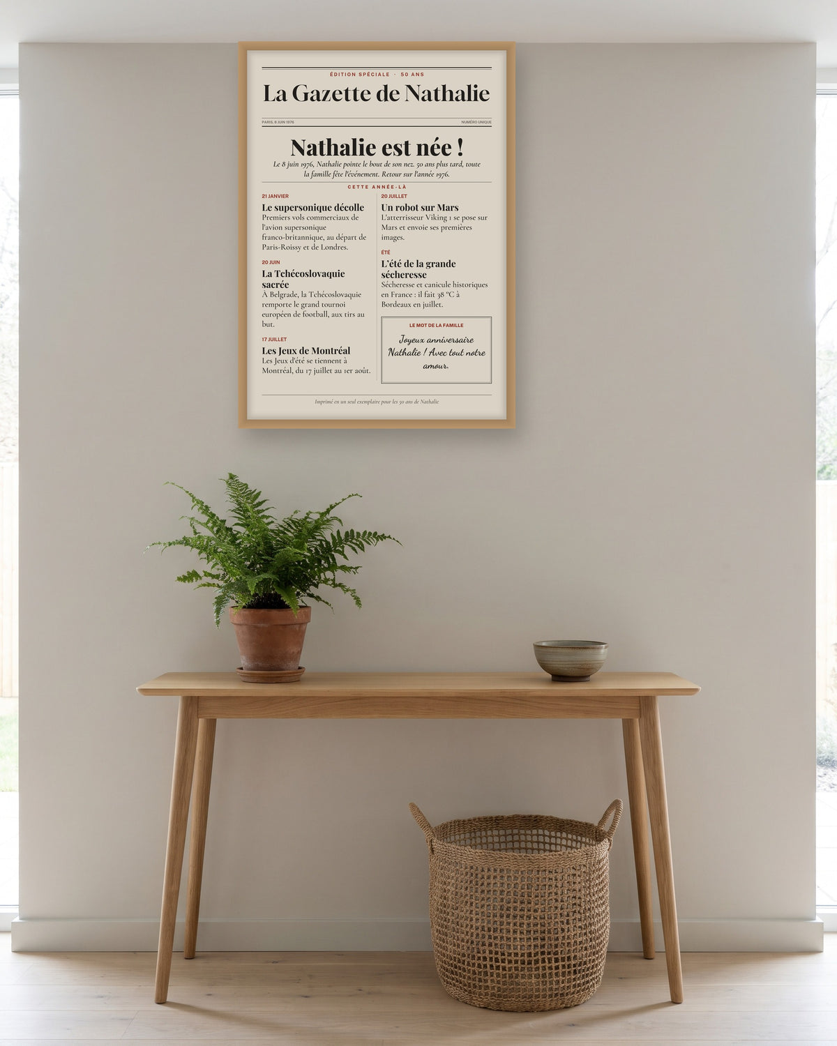 Affiche anniversaire 50 ans personnalisée, journal de l’année 1976, autre exemple de mise en situation