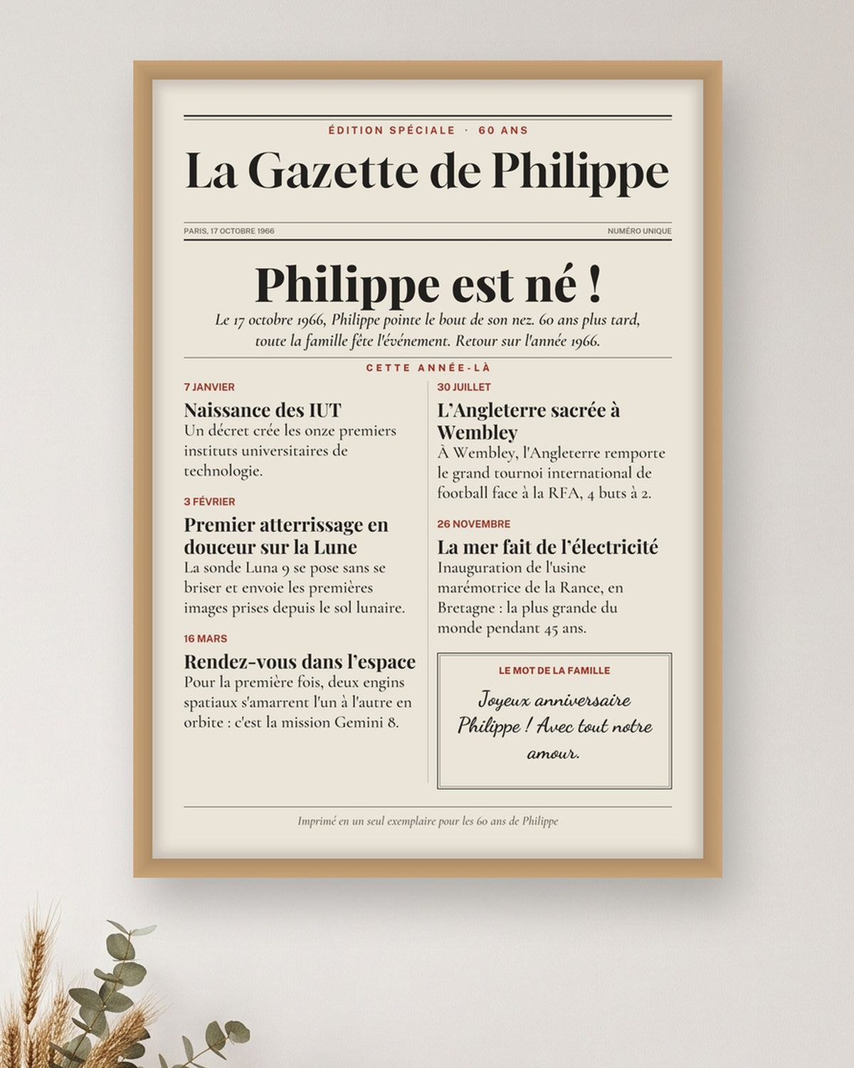 Affiche anniversaire 60 ans personnalisée, journal de l’année 1966 : gros plan sur l’affiche encadrée