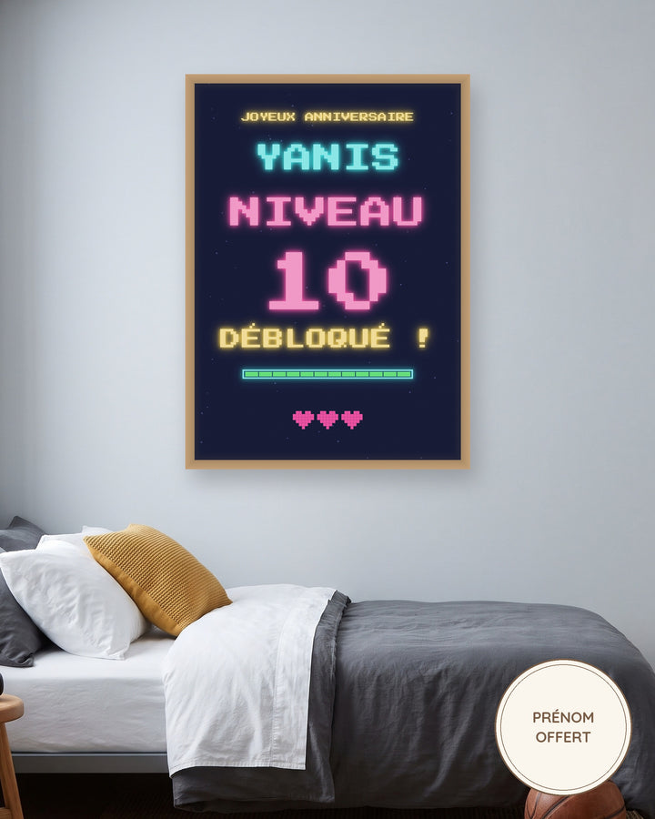 Affiche anniversaire gamer personnalisée Niveau débloqué : l’affiche encadrée, exemple personnalisé