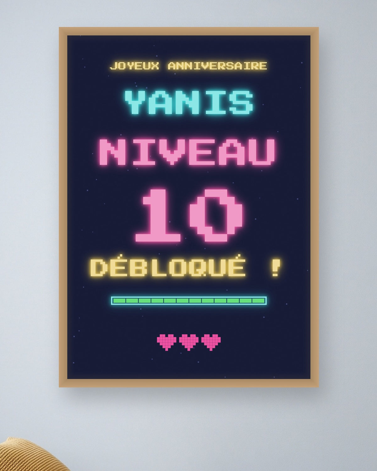 Affiche anniversaire gamer personnalisée Niveau débloqué : gros plan sur l’affiche encadrée