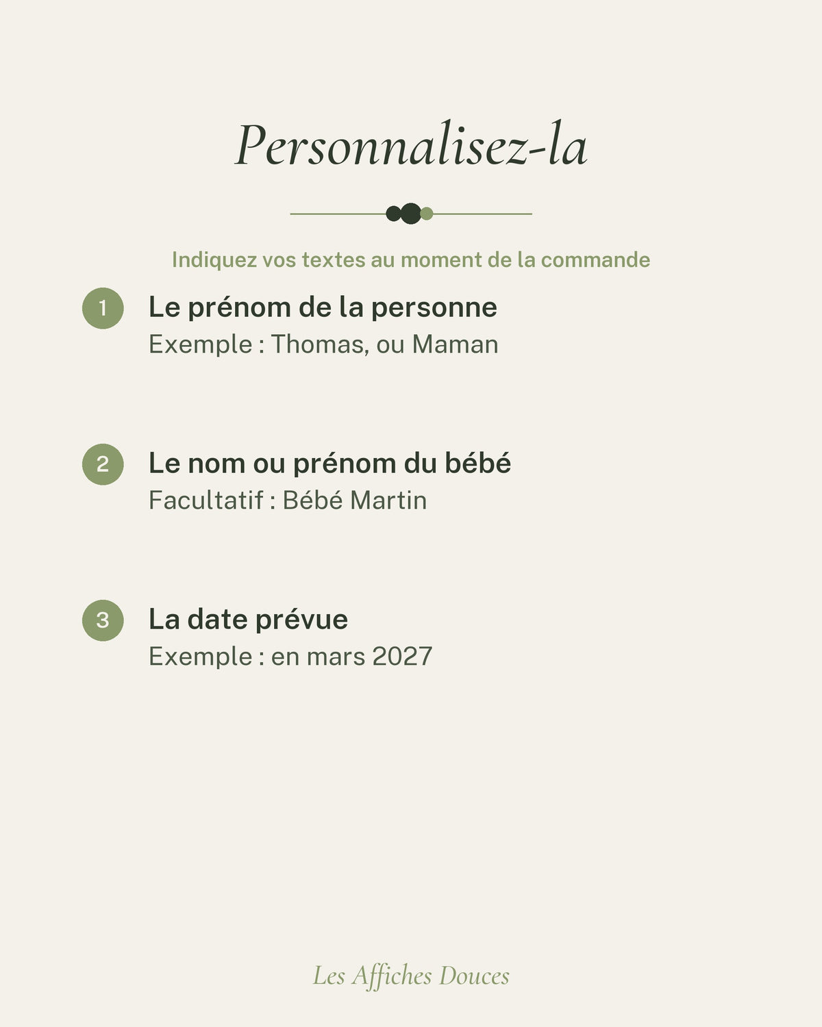 Ce que vous personnalisez : le prénom de la personne, le nom du bébé (facultatif) et la date prévue