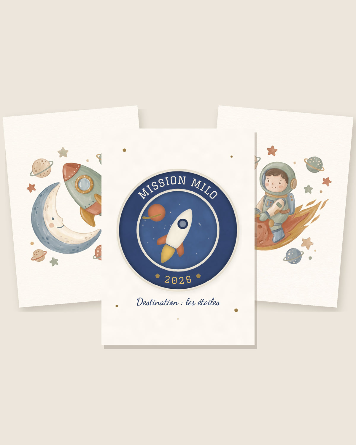 Affiche astronaute personnalisée Mission, lot de 3 affiches espace : les 3 affiches assorties côte à côte