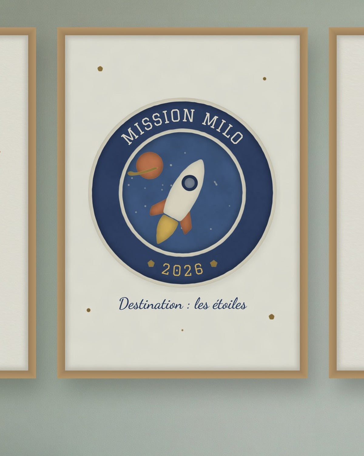 Affiche astronaute personnalisée Mission, lot de 3 affiches espace : l’écusson « Mission » au prénom