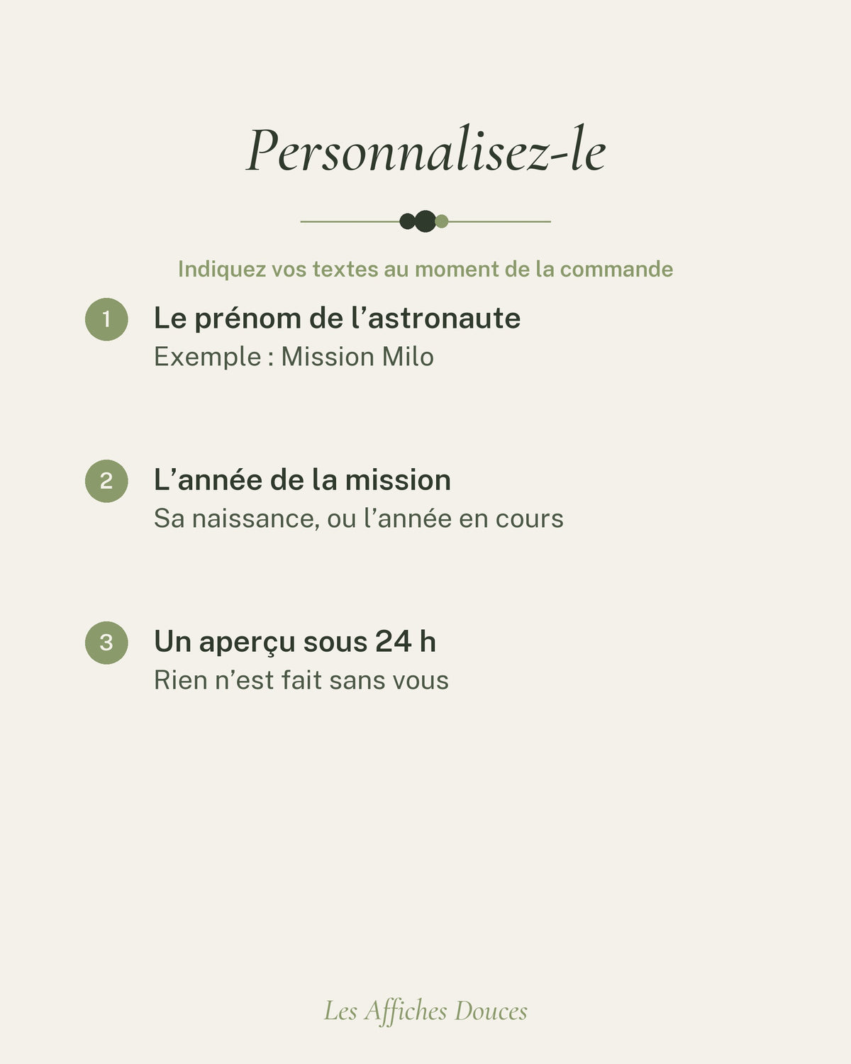 Ce que vous personnalisez : le prénom et l’année de la mission