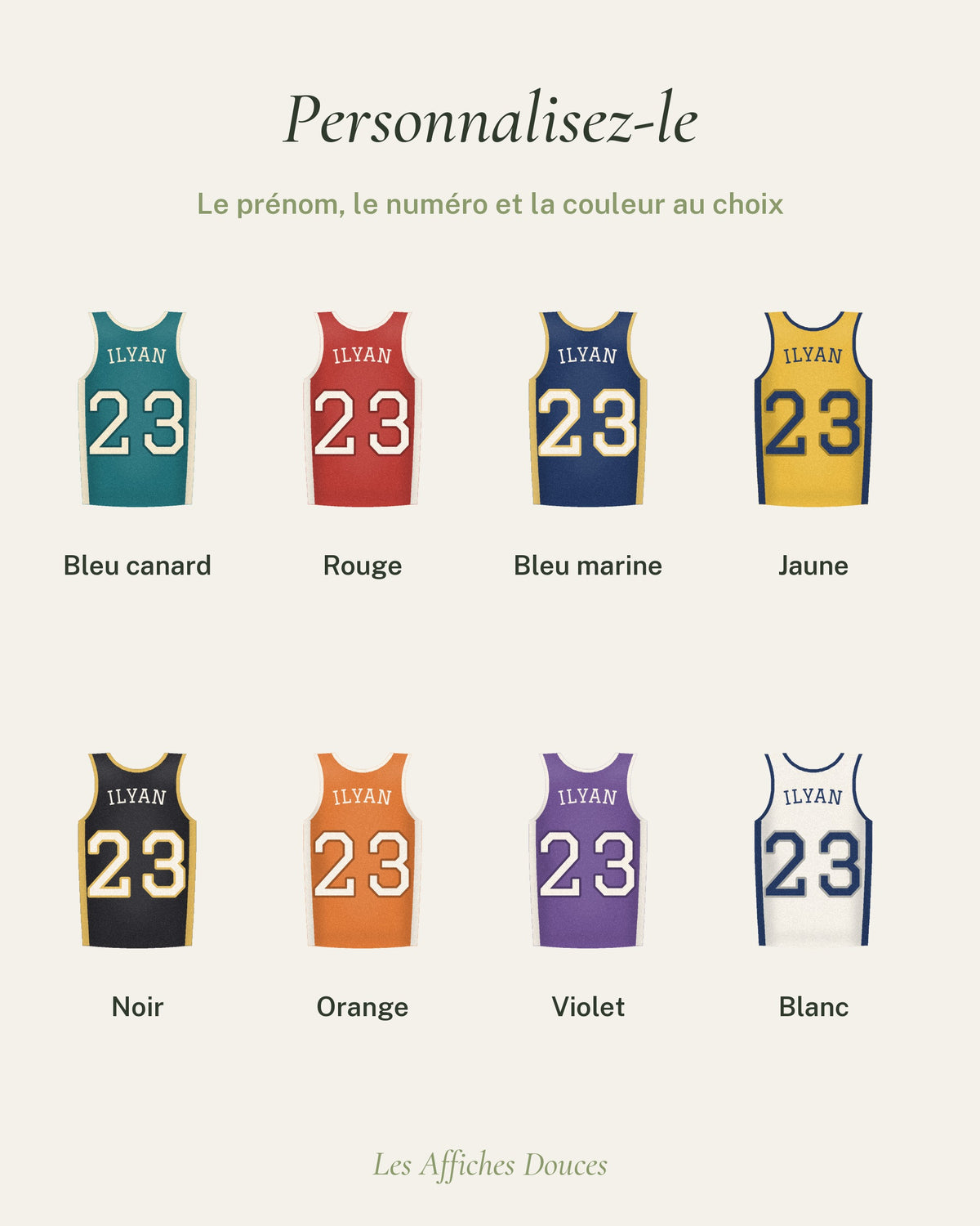 Ce que vous personnalisez : prénom, numéro, couleur du maillot parmi 8 couleurs