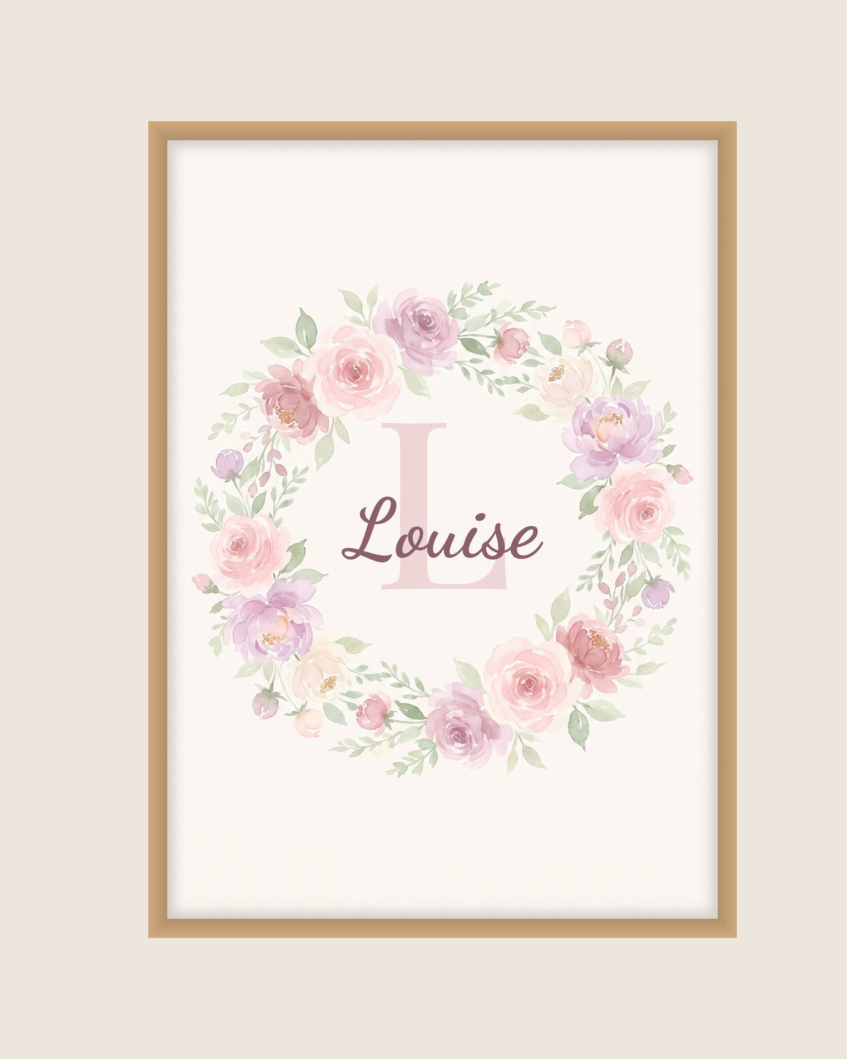 Affiche bébé fille prénom et initiale, roses pastel : l’affiche seule, exemple de personnalisation