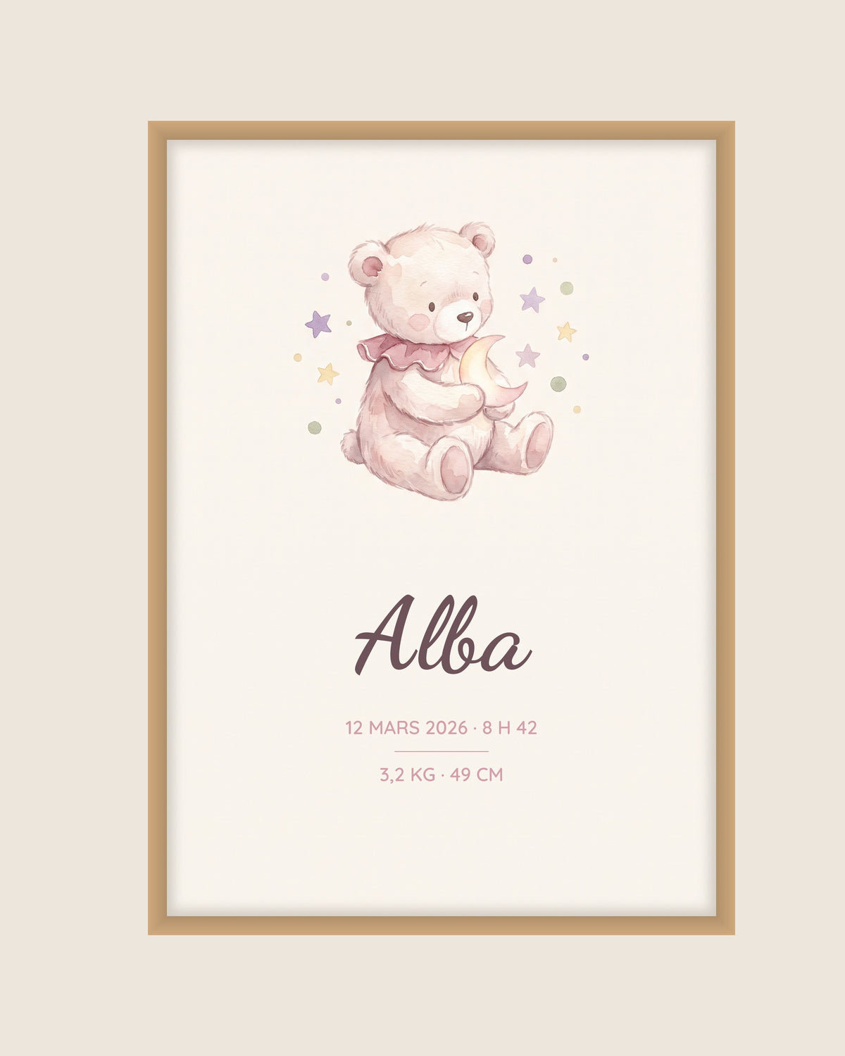 Affiche bébé naissance ourson pastel : l’affiche seule, exemple de personnalisation