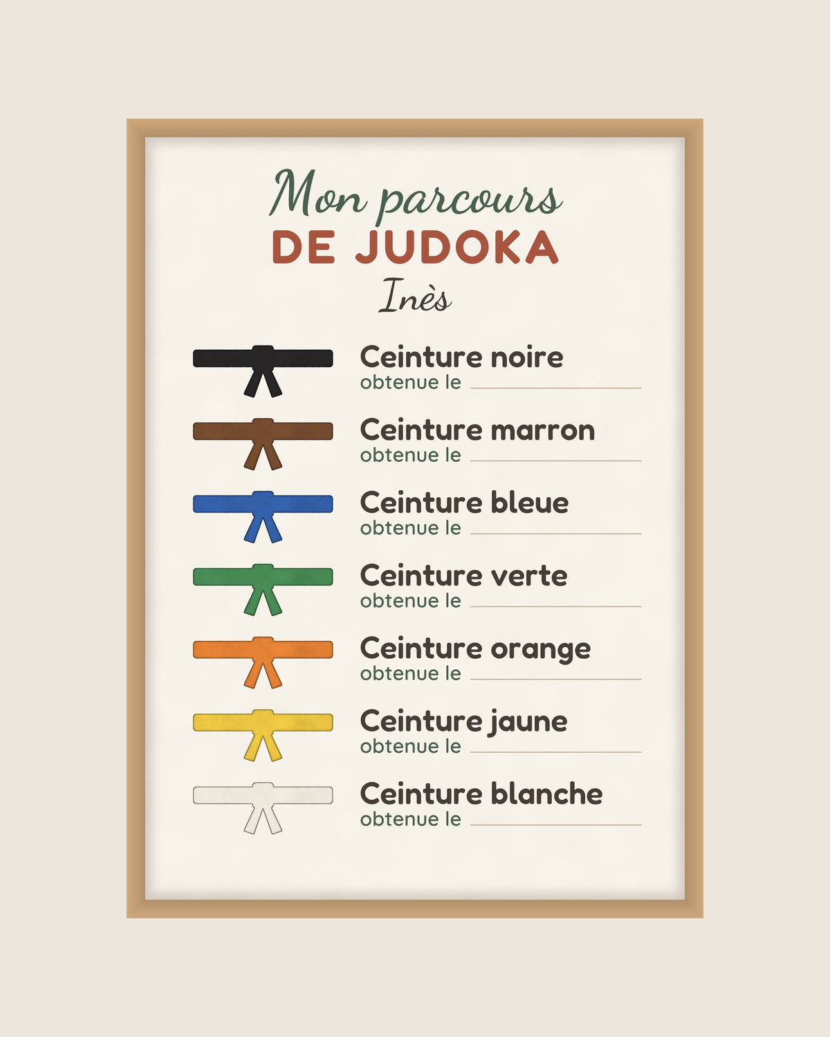 Affiche parcours de judoka personnalisée, les ceintures à dater : « Mon parcours de judoka » et ses 7 ceintures