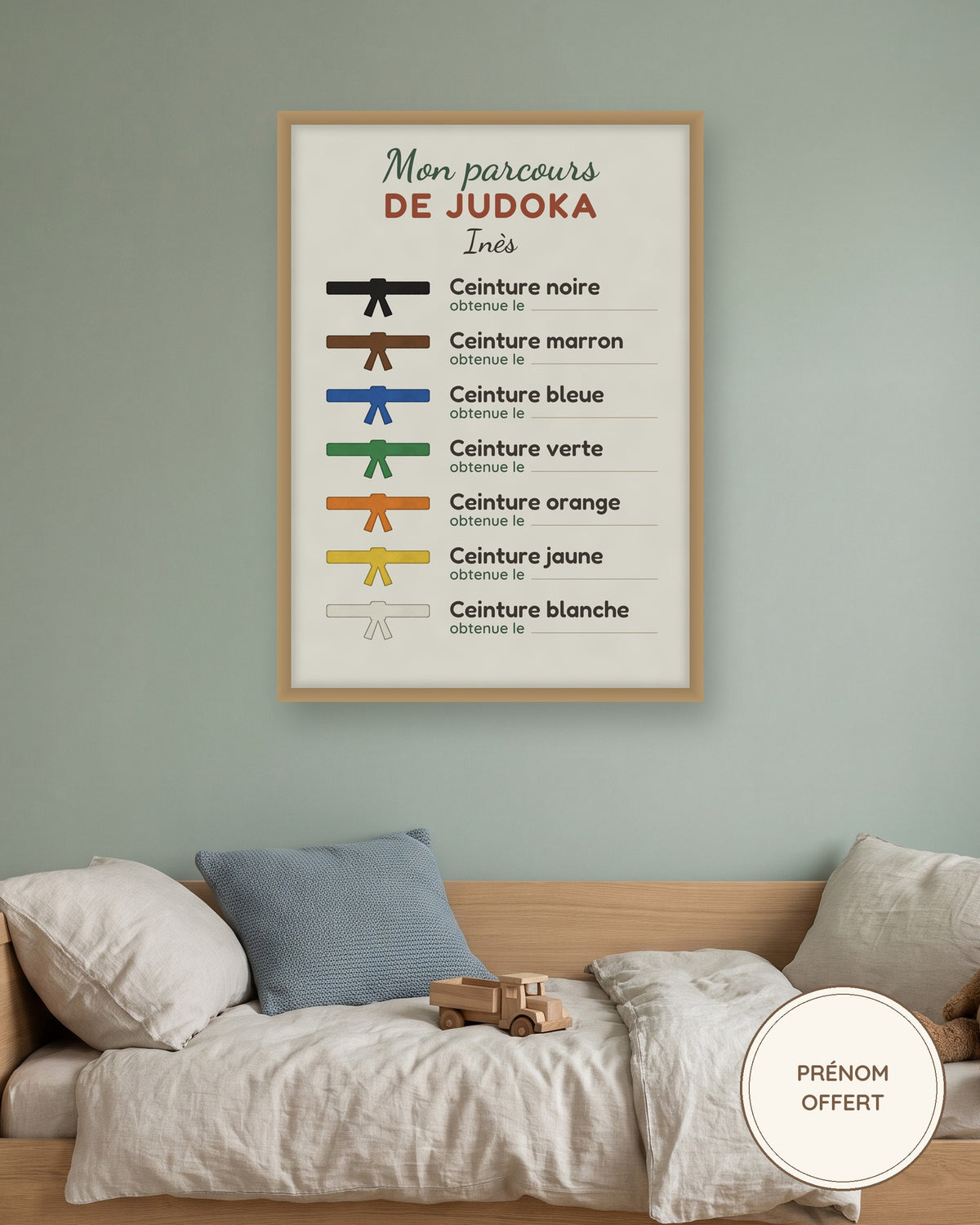 Affiche parcours de judoka personnalisée, les ceintures à dater : l’affiche encadrée, exemple personnalisé