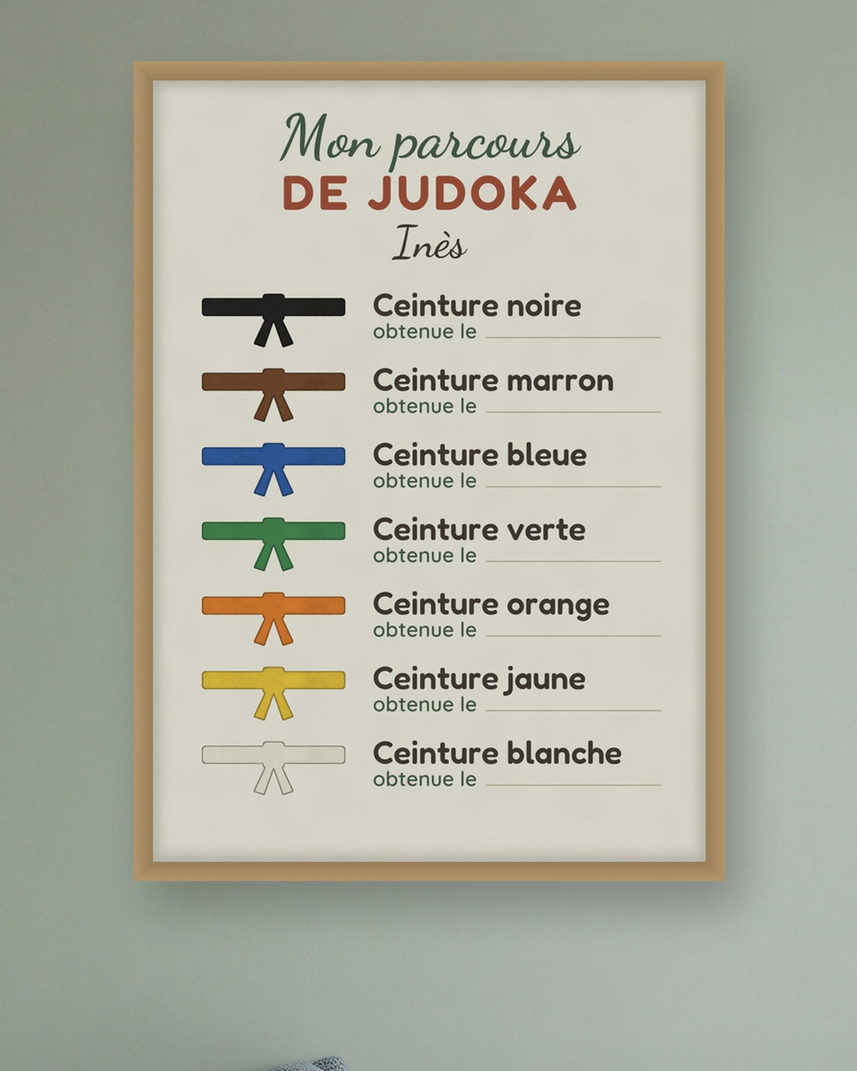 Affiche parcours de judoka personnalisée, les ceintures à dater : gros plan sur l’affiche encadrée