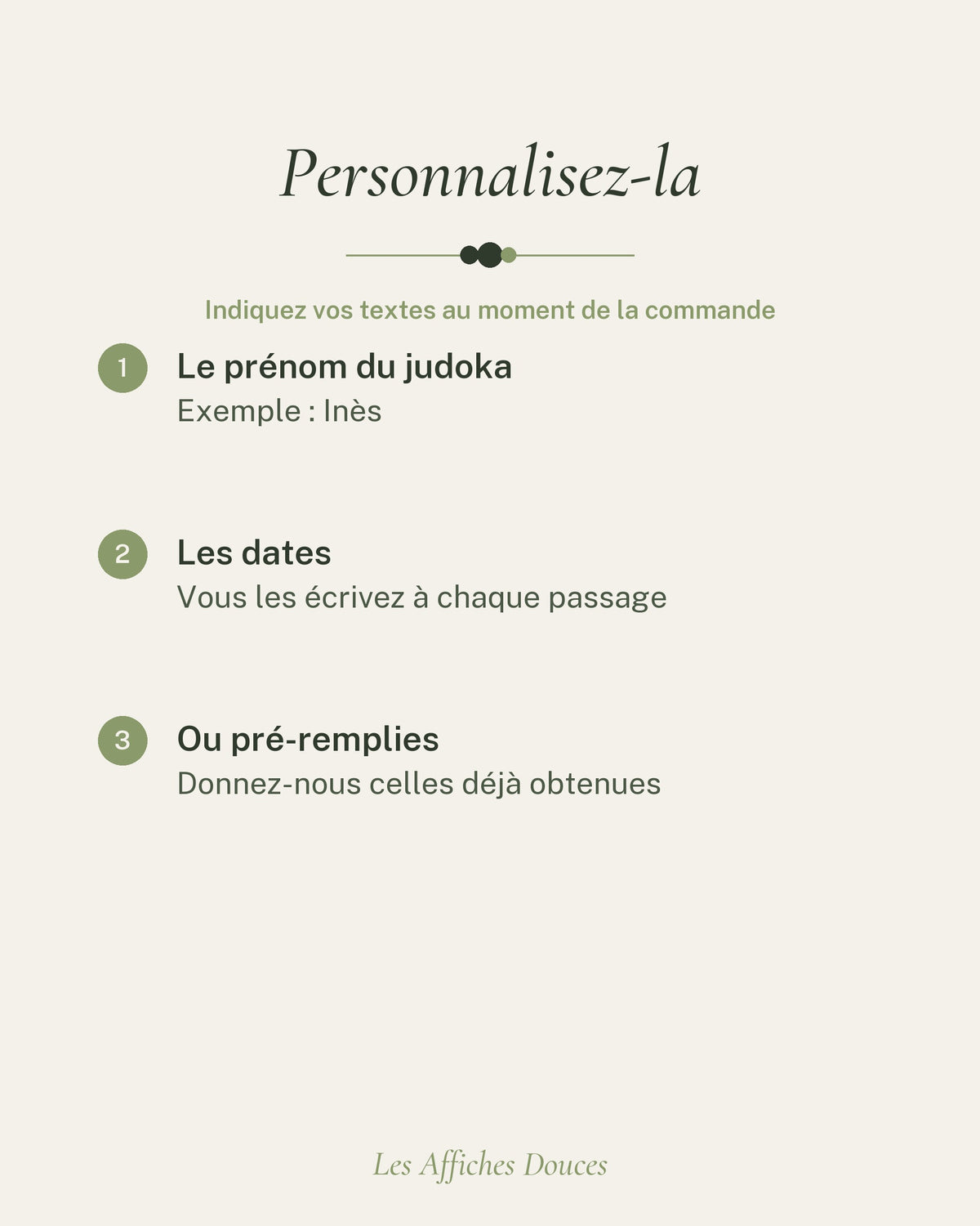 Ce que vous personnalisez : le prénom et les dates des ceintures