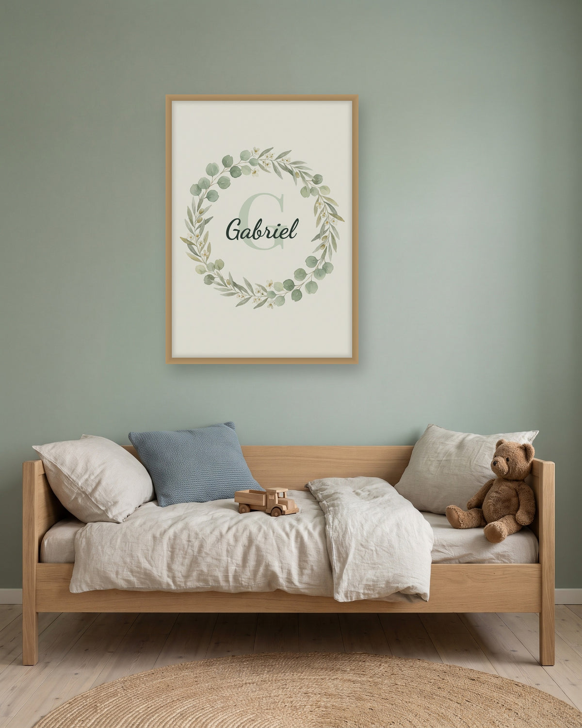 Affiche chambre bébé garçon prénom eucalyptus encadrée dans une chambre d’enfant