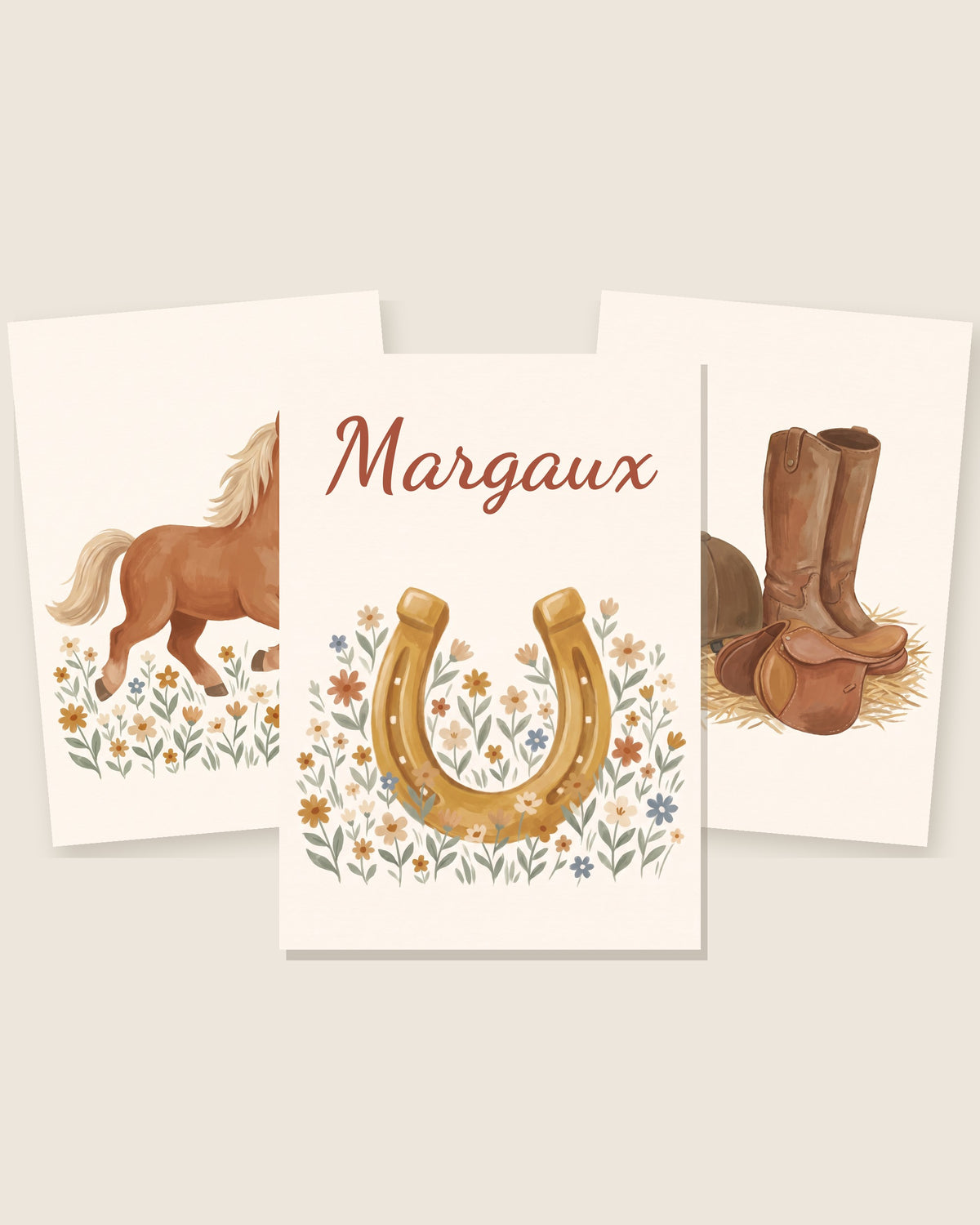 Affiche cheval personnalisée, lot de 3 affiches équitation et prénom : les 3 affiches assorties côte à côte