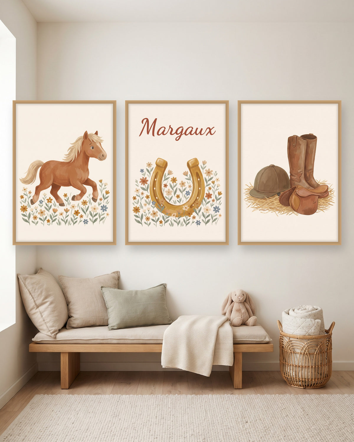 Affiche cheval personnalisée, lot de 3 affiches équitation et prénom, autre exemple de mise en situation