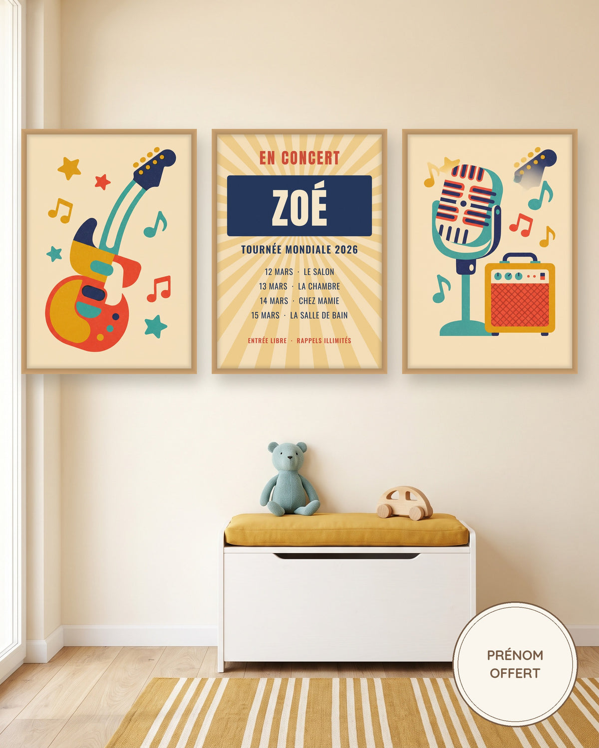 Affiche concert personnalisée, lot de 3 affiches musique rétro : les 3 affiches encadrées dans une chambre d’enfant, exemple personnalisé
